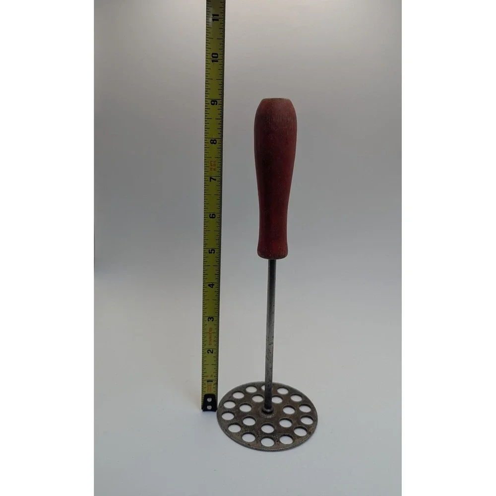 Vintage Potato Masher Red Wood Handle Primitive Metal Kitchen Tool 9 Inch Rustic